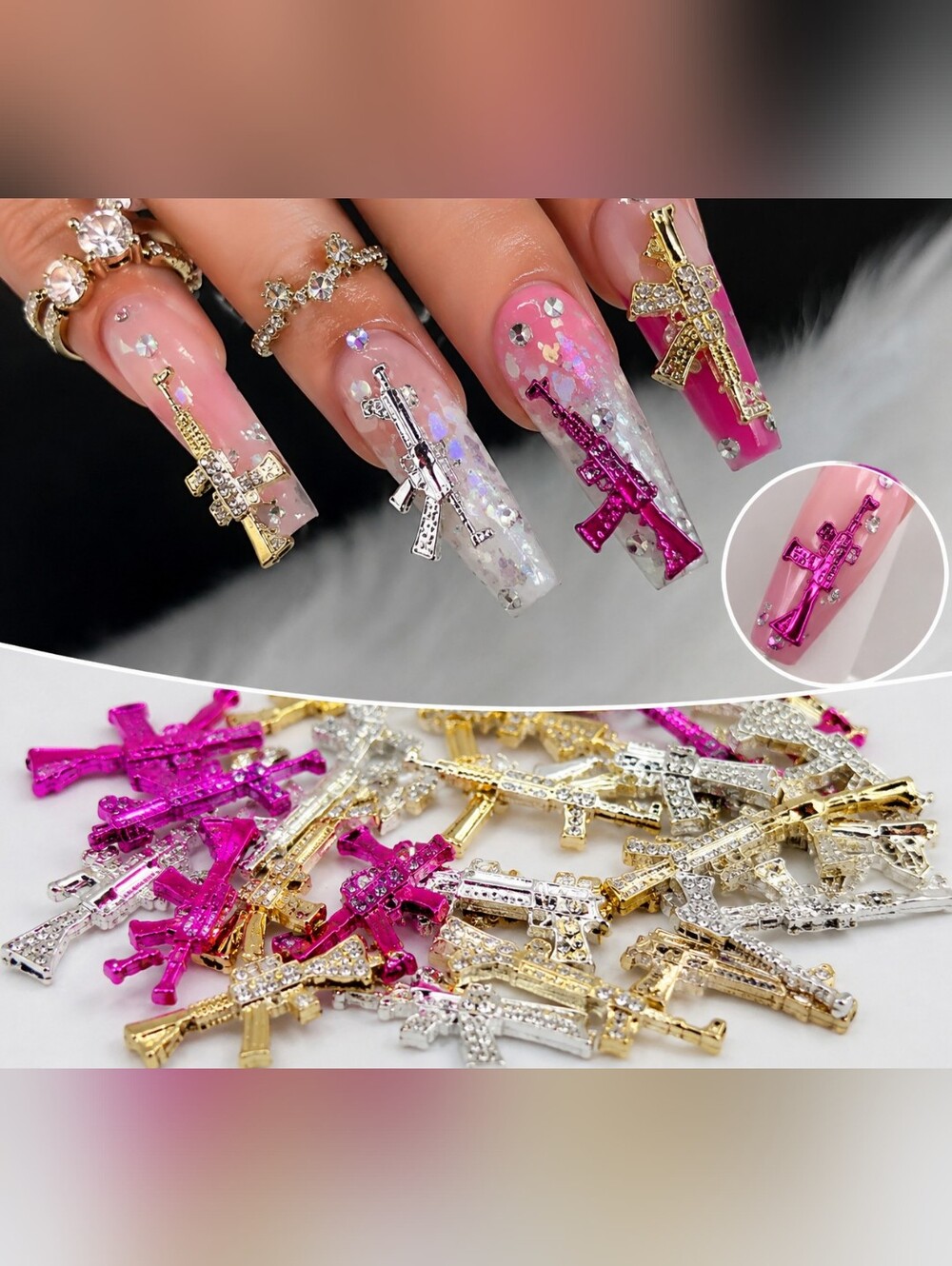 3D Nail Art Charms Mixed Rhinestone Gun Charms Gold Silver Pink DIY Nail Decor